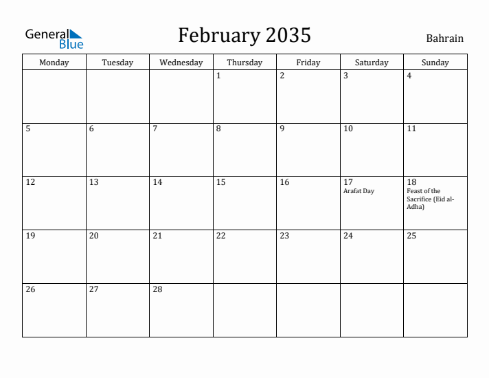 February 2035 Calendar Bahrain