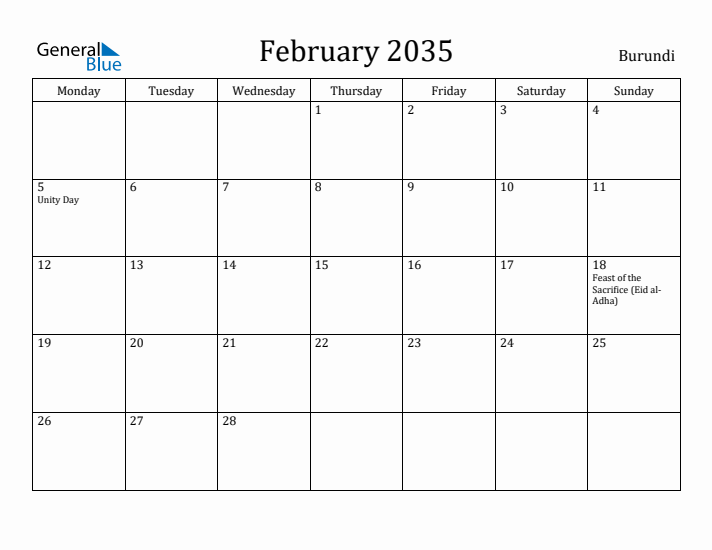 February 2035 Calendar Burundi