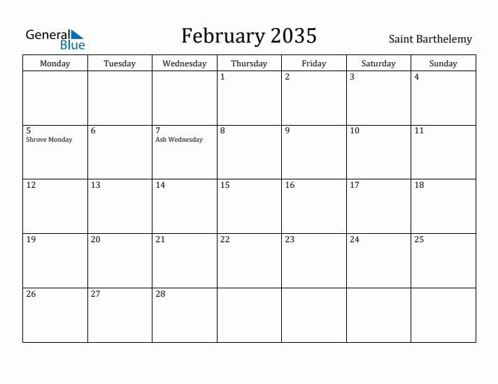 February 2035 Calendar Saint Barthelemy