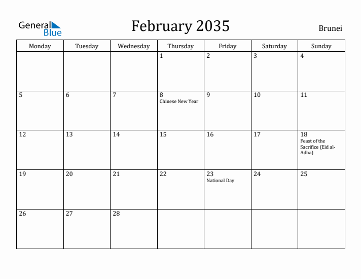 February 2035 Calendar Brunei