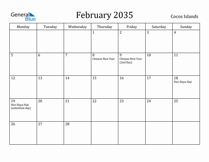 February 2035 Calendar Cocos Islands