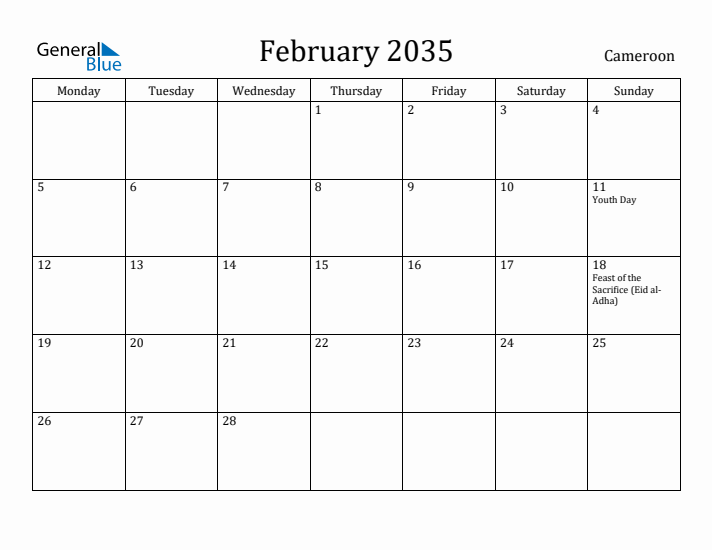 February 2035 Calendar Cameroon
