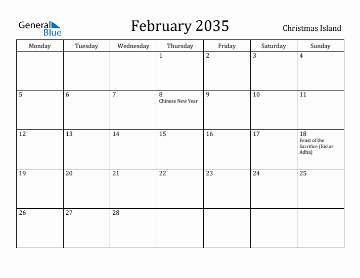February 2035 Calendar Christmas Island
