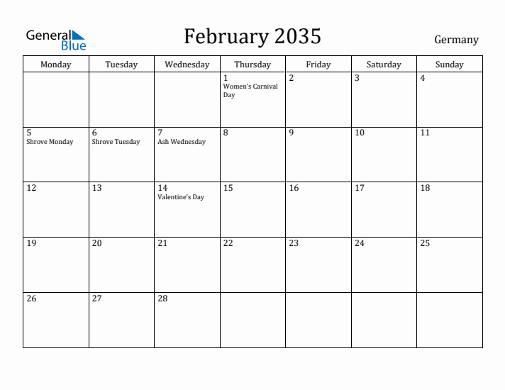 February 2035 Calendar Germany