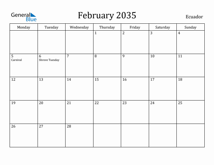 February 2035 Calendar Ecuador