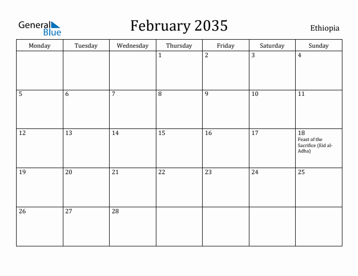 February 2035 Calendar Ethiopia