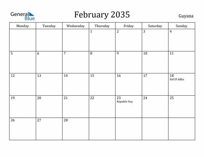February 2035 Calendar Guyana