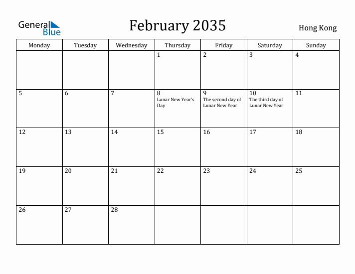 February 2035 Calendar Hong Kong