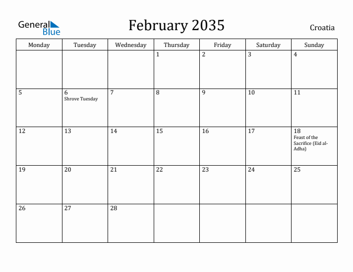 February 2035 Calendar Croatia