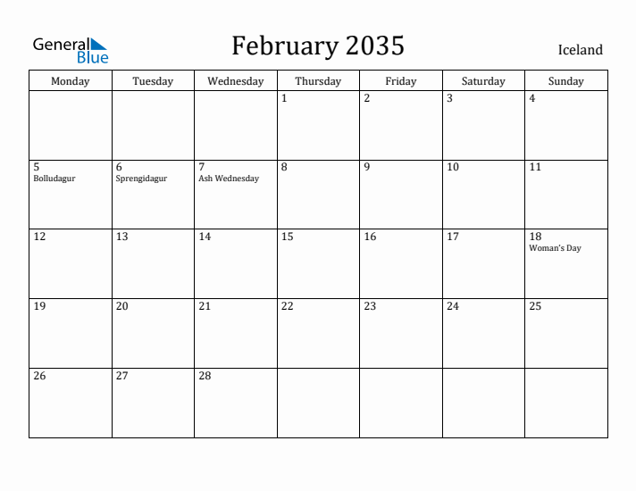 February 2035 Calendar Iceland