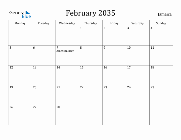 February 2035 Calendar Jamaica