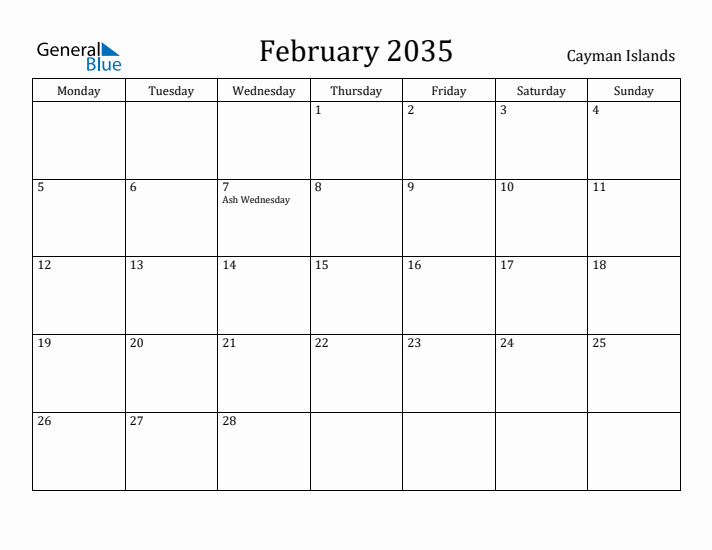 February 2035 Calendar Cayman Islands