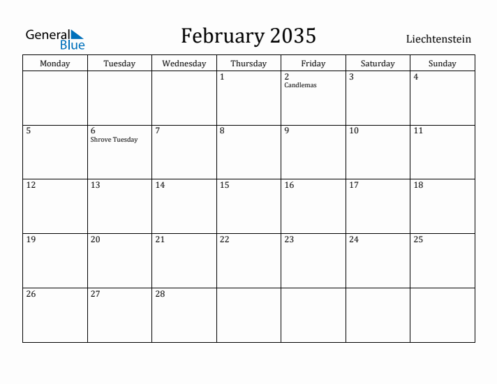 February 2035 Calendar Liechtenstein