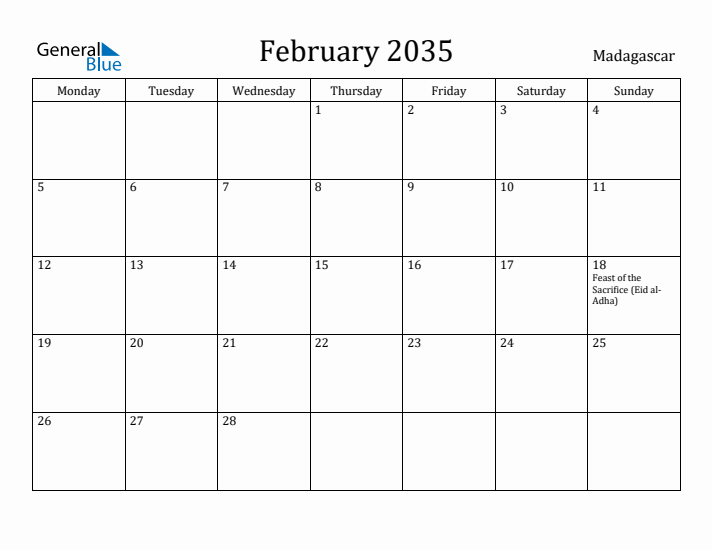 February 2035 Calendar Madagascar