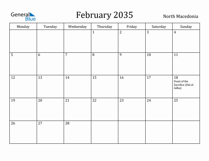 February 2035 Calendar North Macedonia