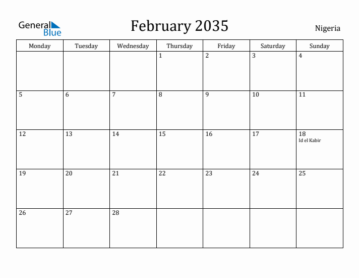 February 2035 Calendar Nigeria