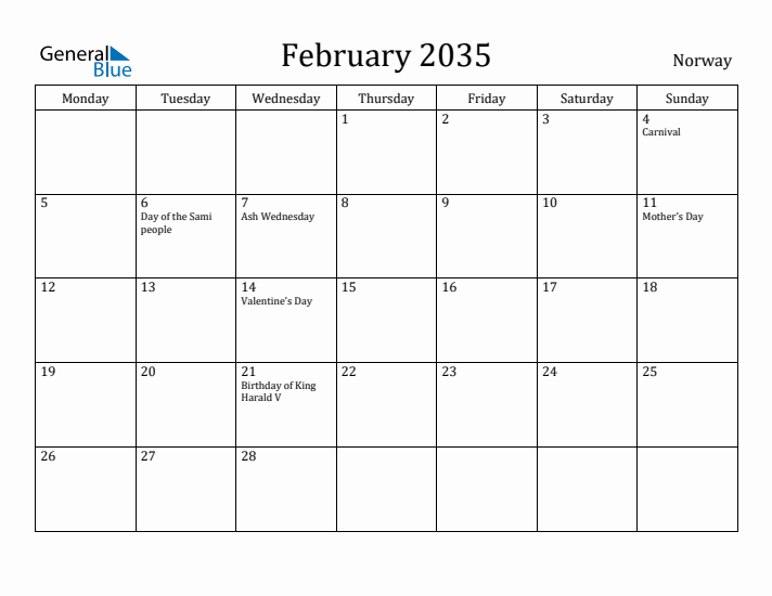 February 2035 Calendar Norway