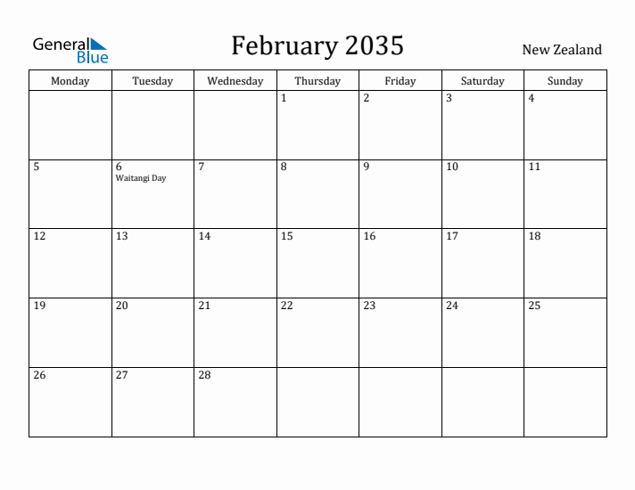 February 2035 Calendar New Zealand