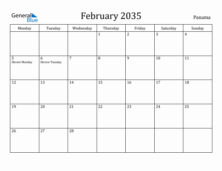 February 2035 Calendar Panama