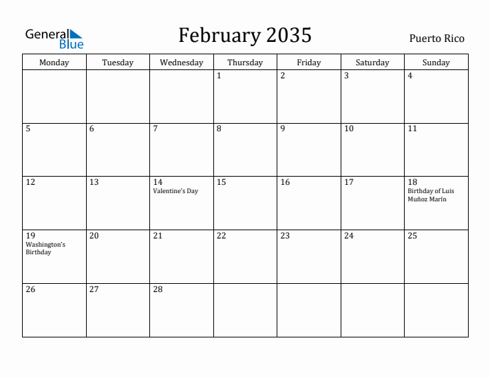 February 2035 Calendar Puerto Rico