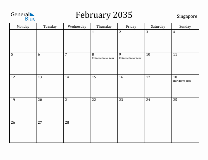 February 2035 Calendar Singapore