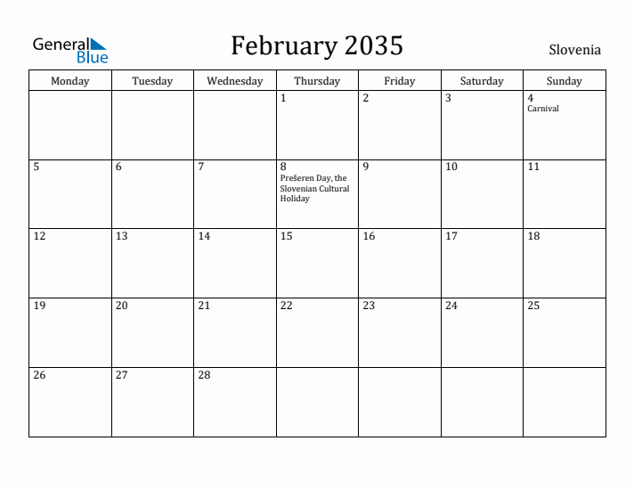 February 2035 Calendar Slovenia