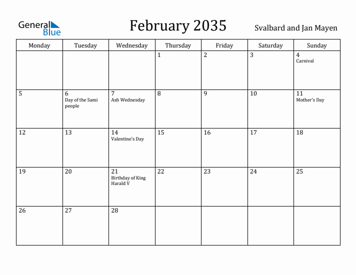February 2035 Calendar Svalbard and Jan Mayen