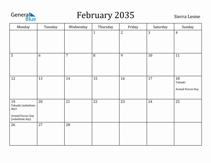 February 2035 Calendar Sierra Leone