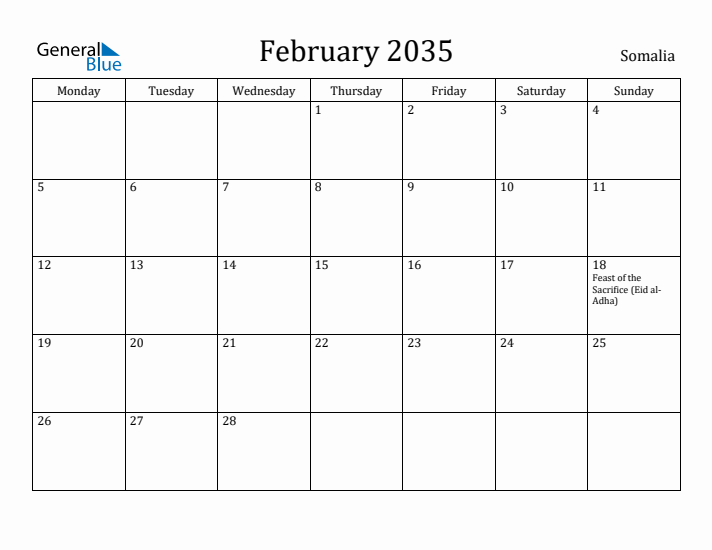 February 2035 Calendar Somalia