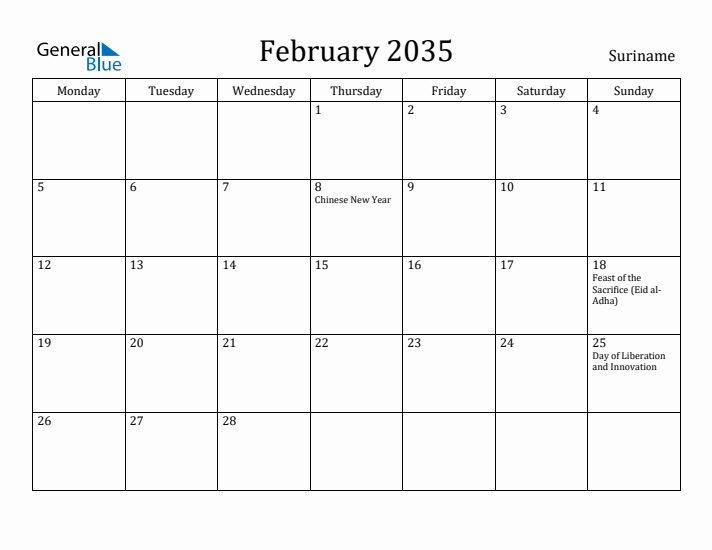 February 2035 Calendar Suriname
