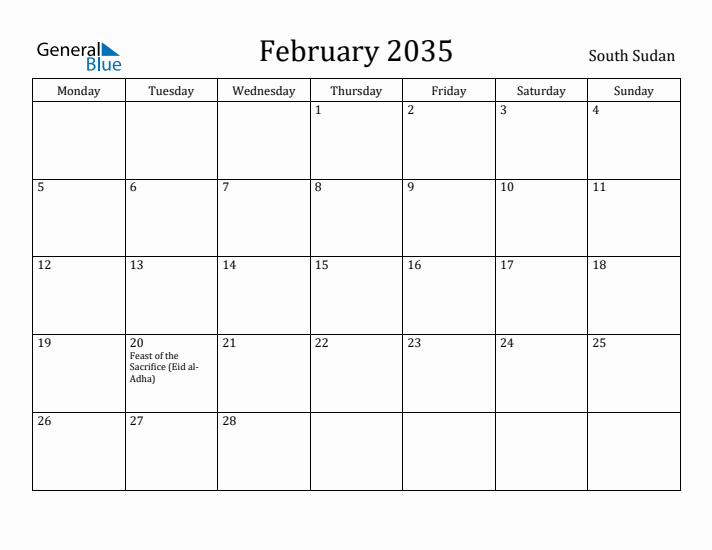 February 2035 Calendar South Sudan