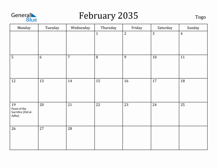 February 2035 Calendar Togo