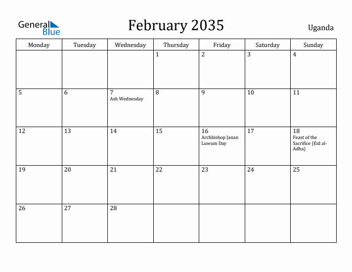 February 2035 Calendar Uganda