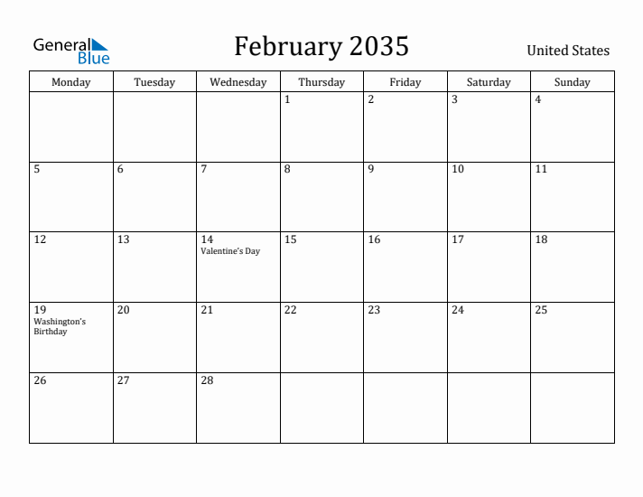 February 2035 Calendar United States