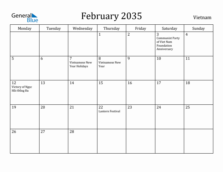 February 2035 Calendar Vietnam