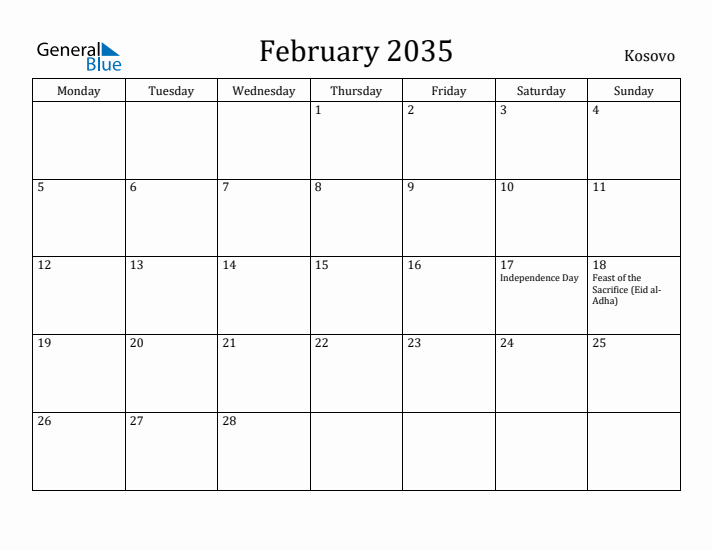 February 2035 Calendar Kosovo