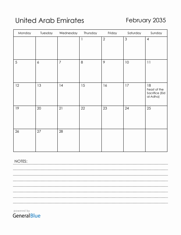February 2035 United Arab Emirates Calendar with Holidays (Monday Start)