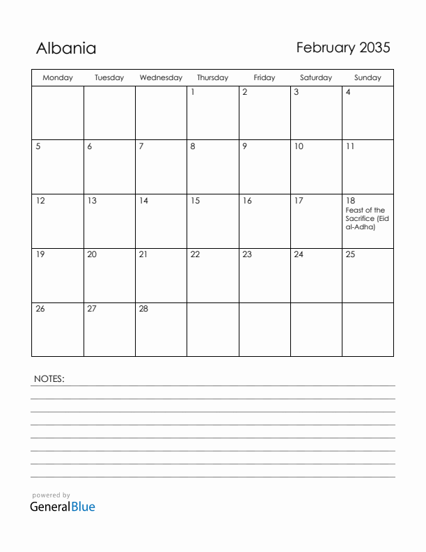 February 2035 Albania Calendar with Holidays (Monday Start)