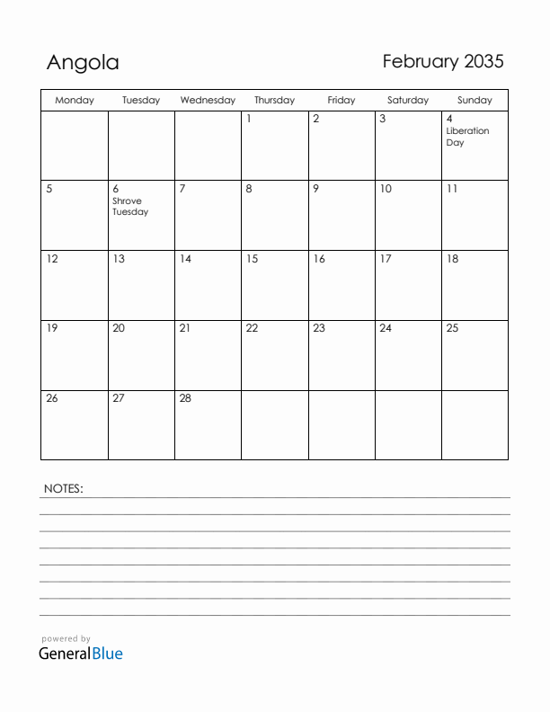 February 2035 Angola Calendar with Holidays (Monday Start)