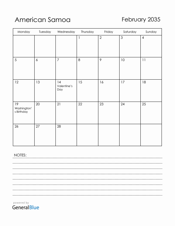 February 2035 American Samoa Calendar with Holidays (Monday Start)