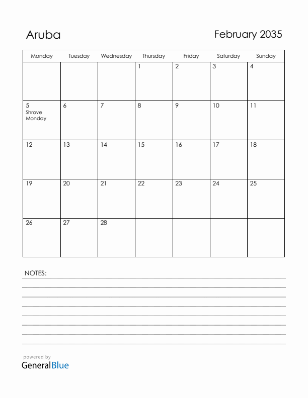 February 2035 Aruba Calendar with Holidays (Monday Start)