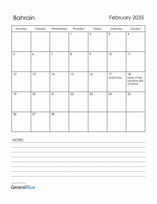 February 2035 Bahrain Calendar with Holidays (Monday Start)