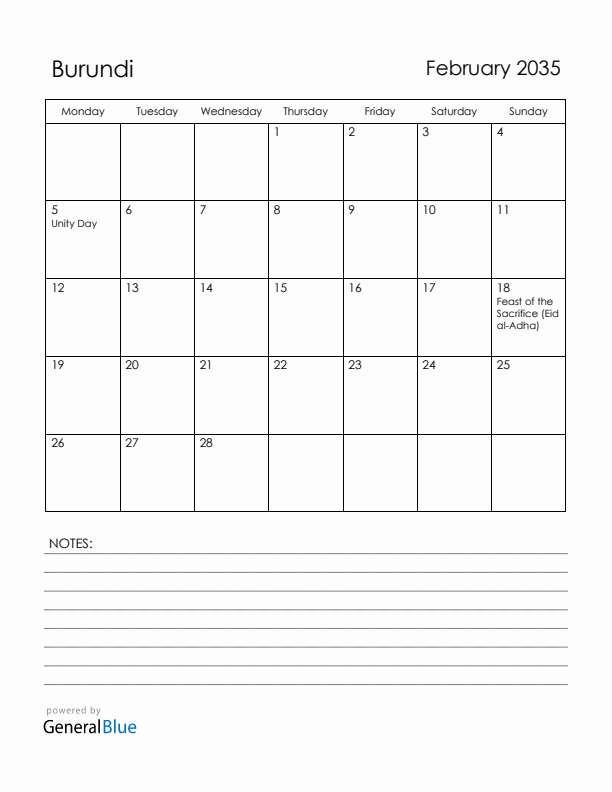 February 2035 Burundi Calendar with Holidays (Monday Start)