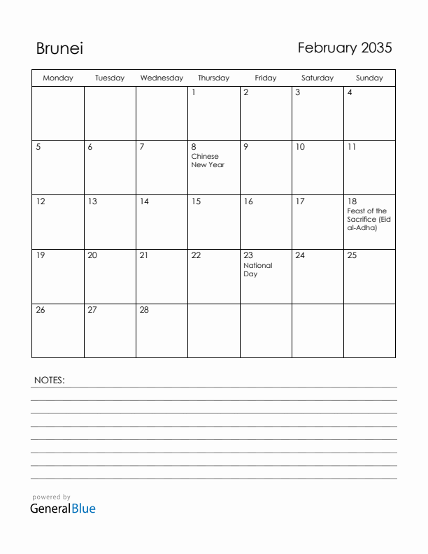 February 2035 Brunei Calendar with Holidays (Monday Start)