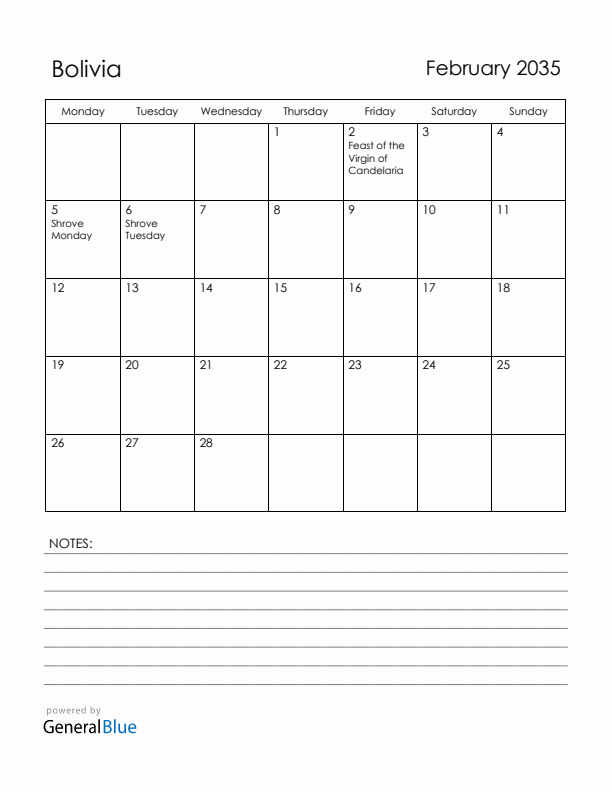 February 2035 Bolivia Calendar with Holidays (Monday Start)