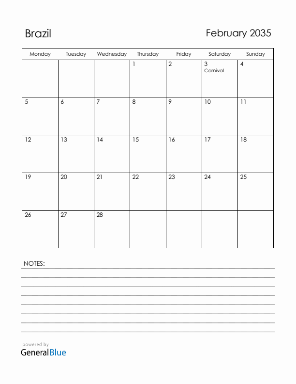 February 2035 Brazil Calendar with Holidays (Monday Start)