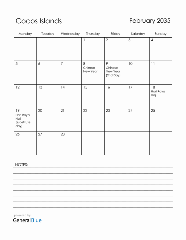 February 2035 Cocos Islands Calendar with Holidays (Monday Start)