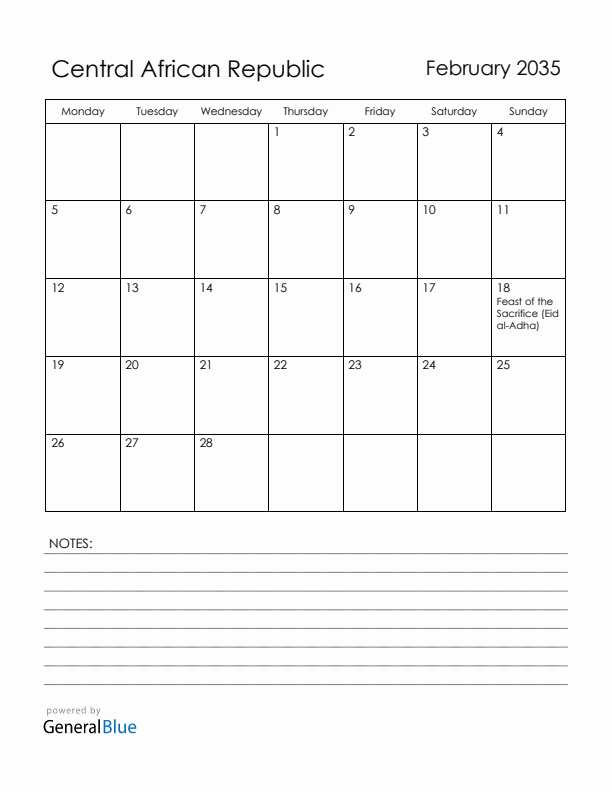 February 2035 Central African Republic Calendar with Holidays (Monday Start)