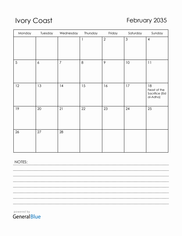 February 2035 Ivory Coast Calendar with Holidays (Monday Start)