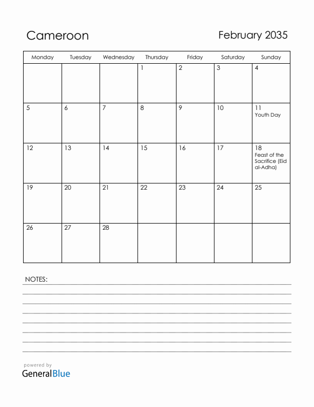 February 2035 Cameroon Calendar with Holidays (Monday Start)